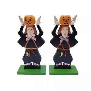 Fall Autumm Witches Wooden Candle Holders Set of 2 Halloween 10" H Vintage